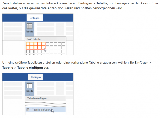 Office-Hilfe: Einfügen einer Tabelle