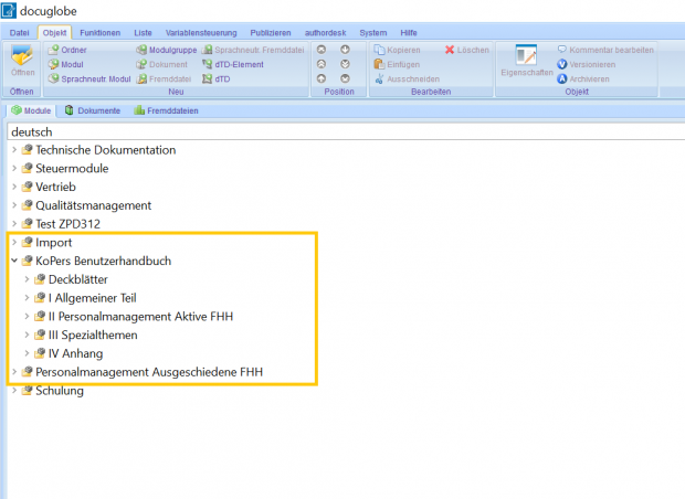 KoPers-Handbuchstruktur im Autorensystem docuglobe