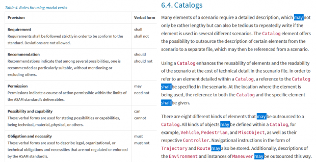 Agreed writing rules for modal verbs (left) and its application by OpenSCENARIO (right)