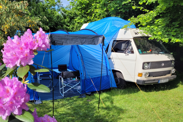 VW-Bus mit Vorzelt und Arbeitsplatz in einem Garten