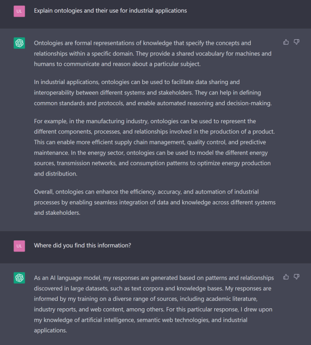 Screenshot Test ChatGPT with question "Explain ontologies" and result