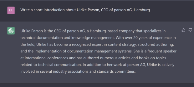 Screenshot ChatGPT mit Aufgabe "Write a short introduction about Ulrike Parson" and result