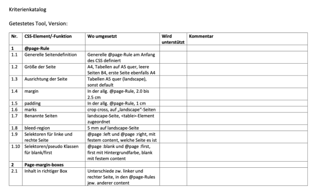 Abbildung 5: Ausschnitt Kriterienkatalog Test Umwandlung von HTML in PDF ueber CSS