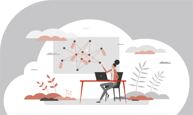 artwork of an employee developing a product model on a screen